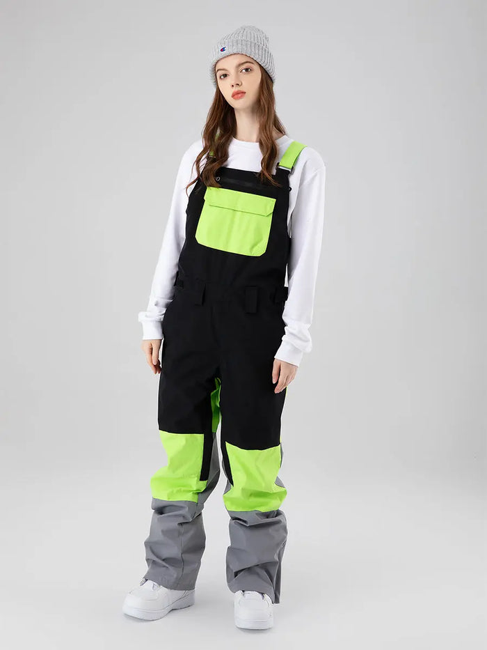 Women Colorblock Ski Snow Bibs Pants Windproof 