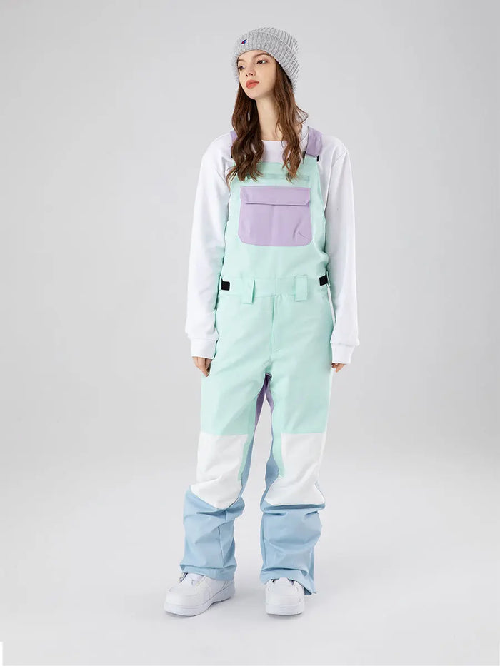 Women Colorblock Ski Snow Bibs Pants Windproof 