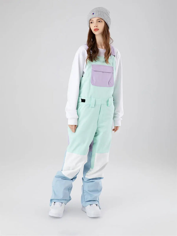 Women Colorblock Ski Snow Bibs Pants Windproof 