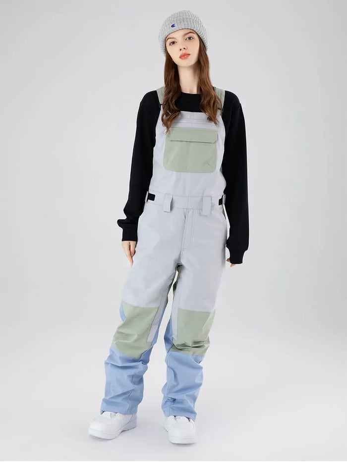 Women Colorblock Ski Snow Bibs Pants Windproof 