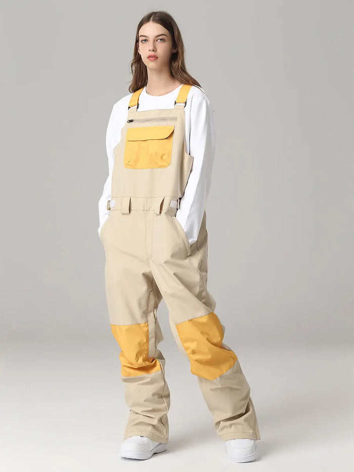 Women Contrast Color Ski Snow Bibs Pants 